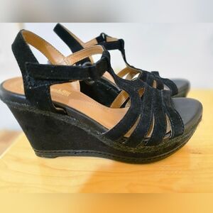 Clarks Black Suede Wedge Sandals. 7 1/2